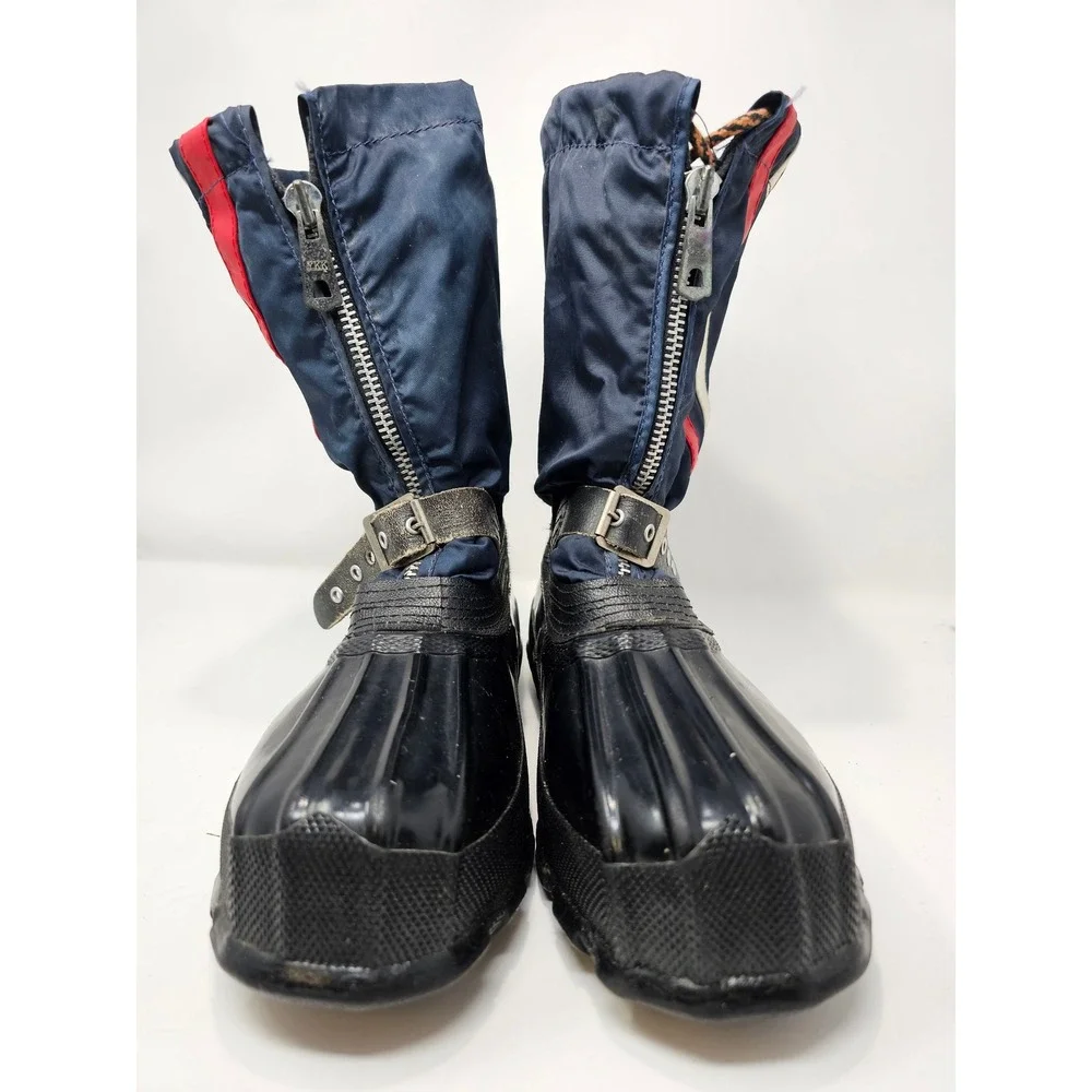 Mens‎ Navy Blue Winter Snow Boots Size 8 Rubber Lower Nylon Upper Stripe Accents